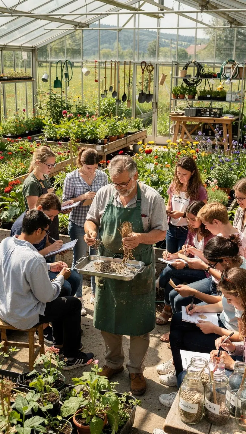 Ein Online-Kurs mit einem Laptop, der auf einem Tisch im Garten steht, umgeben von Pflanzen.