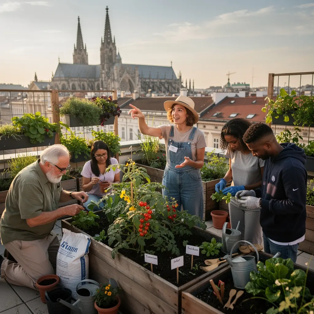 Ein Arrangement von Kräutern in Töpfen, die auf einem Balkon in der Sonne stehen.