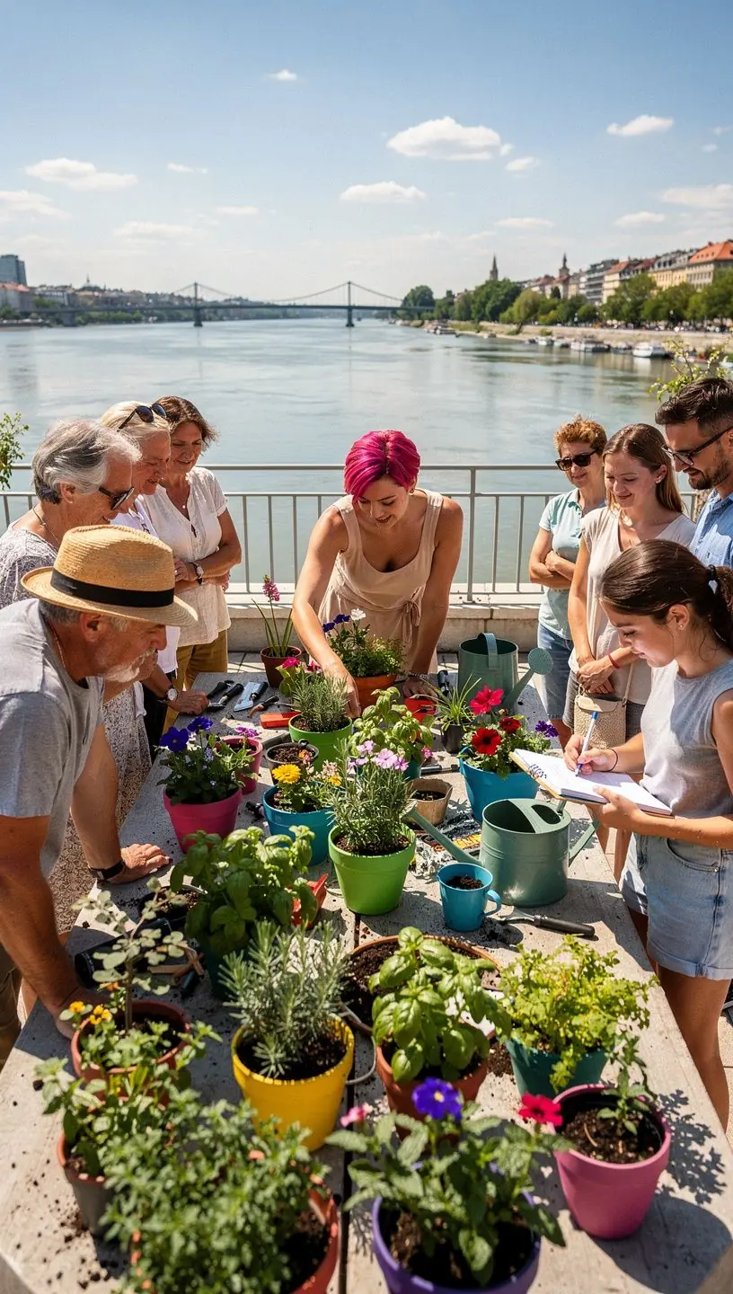 Ein Online-Kurs mit einem Laptop, der auf einem Tisch im Garten steht, umgeben von Pflanzen.