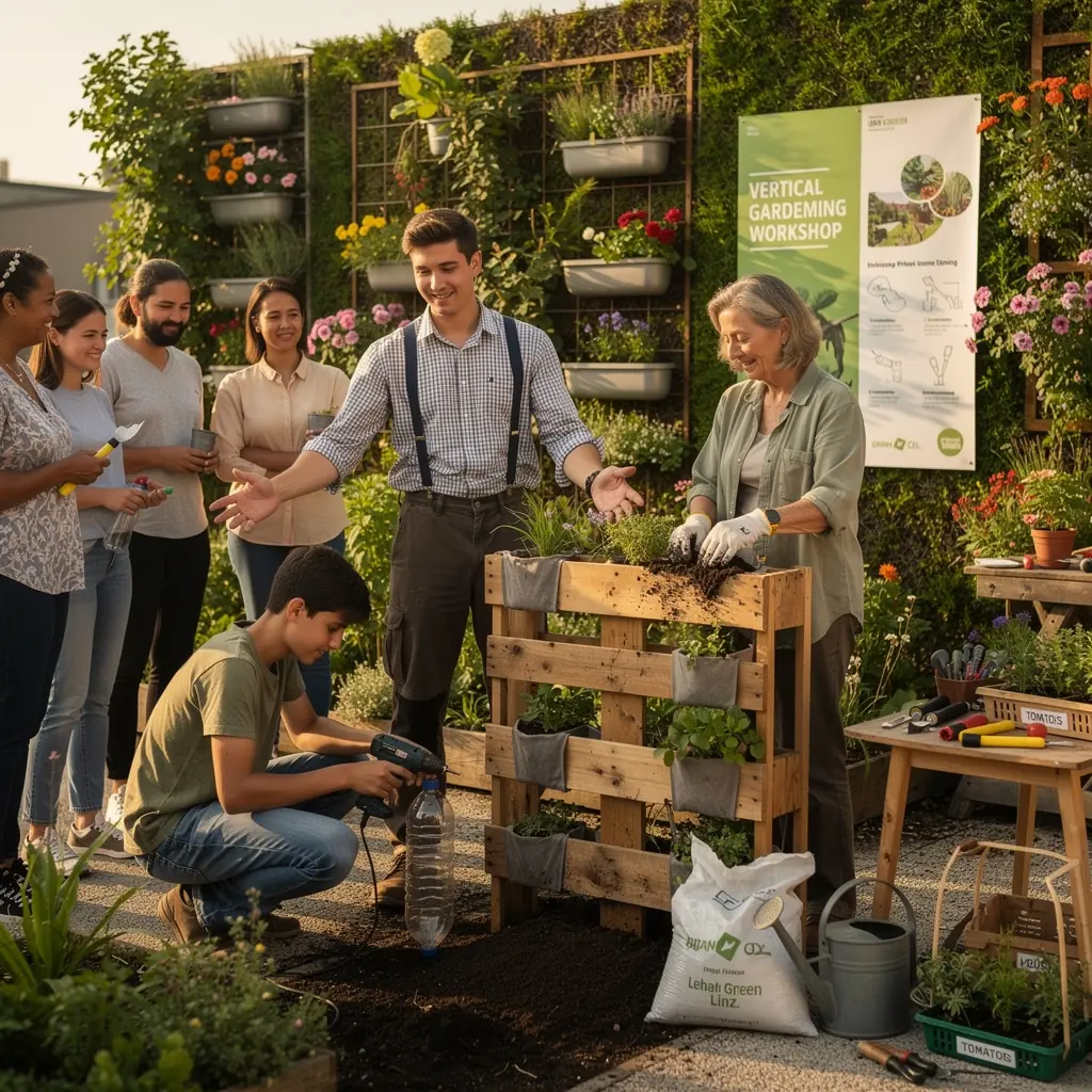 Ein Online-Kurs mit einem Laptop, der auf einem Tisch im Garten steht, umgeben von Pflanzen.
