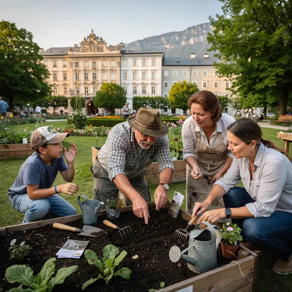 Ein Online-Kurs mit einem Laptop, der auf einem Tisch im Garten steht, umgeben von Pflanzen.