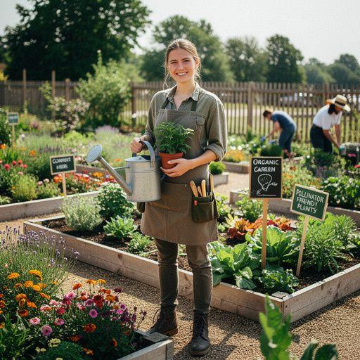 Werkzeuge und Materialien, die für die Gartenarbeit benötigt werden, auf einem Tisch.